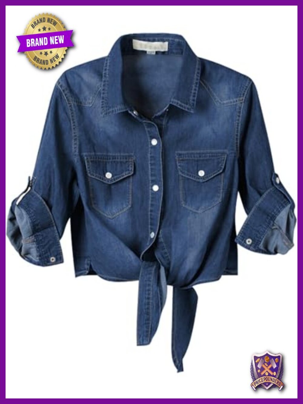 Womens Lightweight Chambray Crop Top Tie Knot Snap Button 3/4 Sleeve